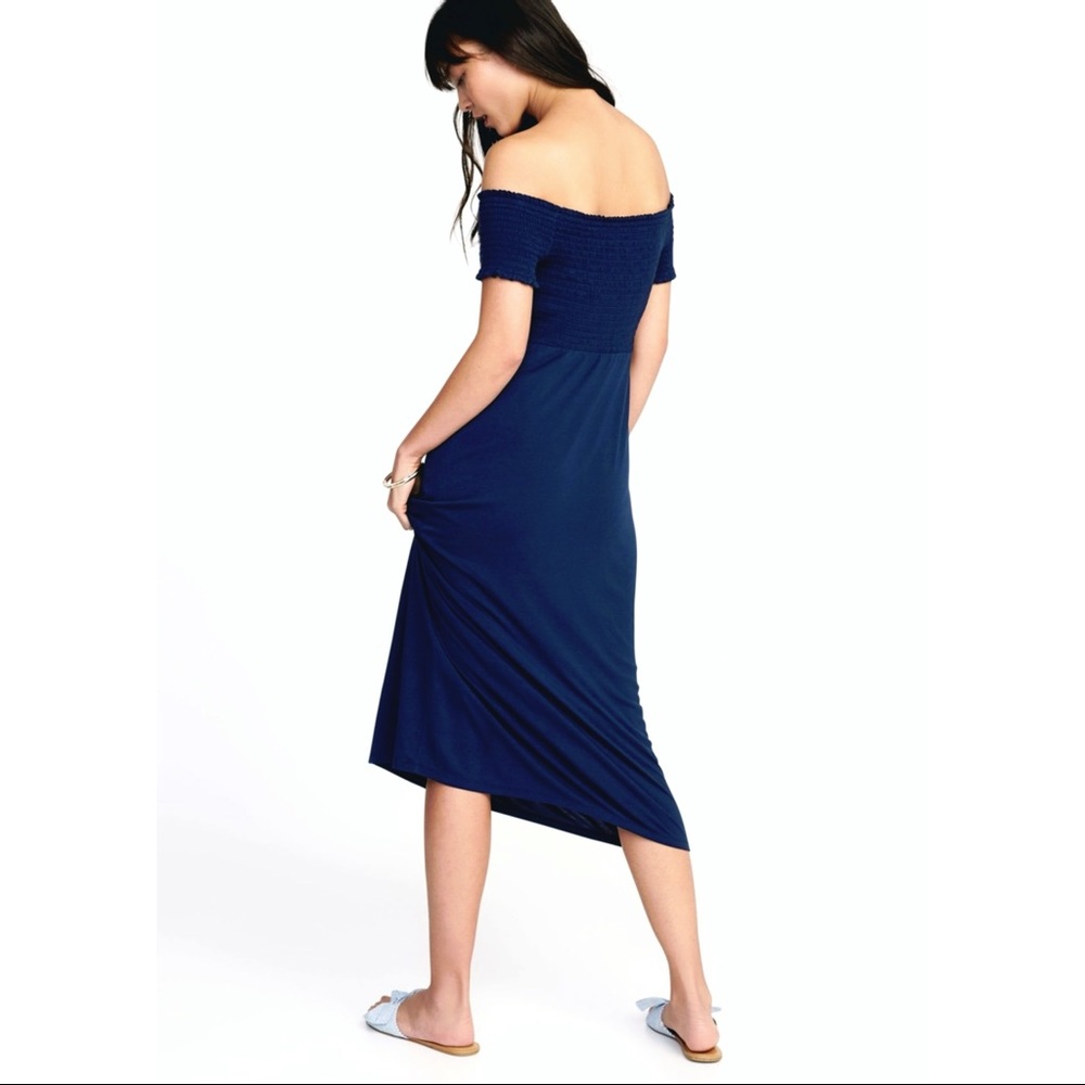 Smocked Off-the-Shoulder Fit & Flare Midi Dress